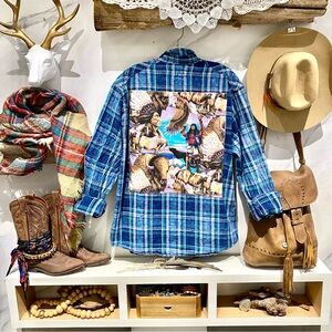Upcycled Native wildlife back detailing plaid boho shirt w western country vibe